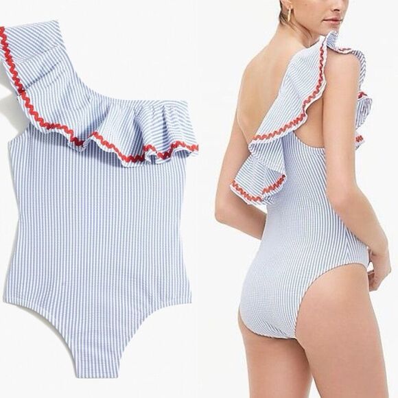 J.Crew Sz L Blue White Red Seersucker One Piece Swimsuit One Shoulder Ruffle - Picture 1 of 5